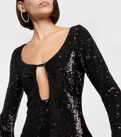 Sequined Keyhole Bell Sleeve Mini Dress With Train