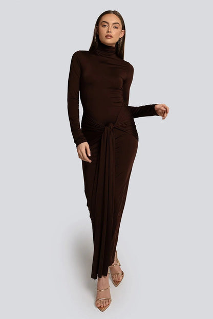Mock Neck Knot Front Draped Panel Bodycon Maxi Dress