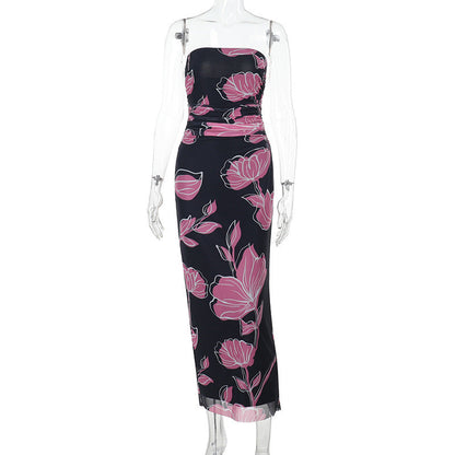 Strapless Ruched Floral Print Column Maxi Dress