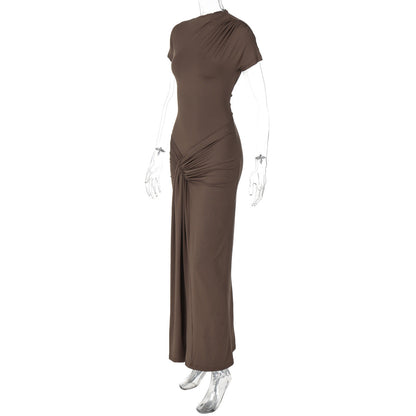 Mock Neck Cap Sleeve Front Knot Draped Panel Maxi Gown