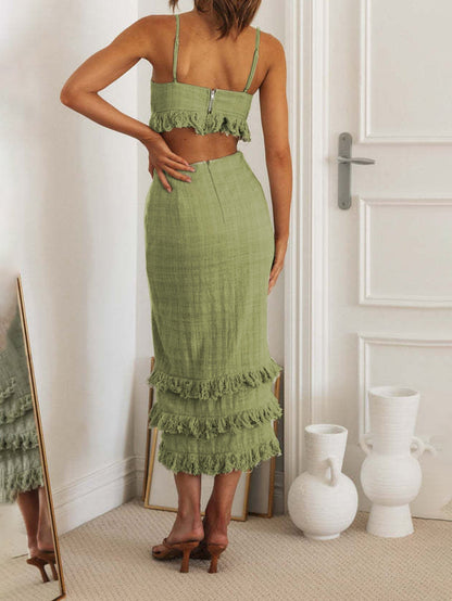 Spaghetti Strap Twist Front Waist Cutout Fringe Tier Midi Dress