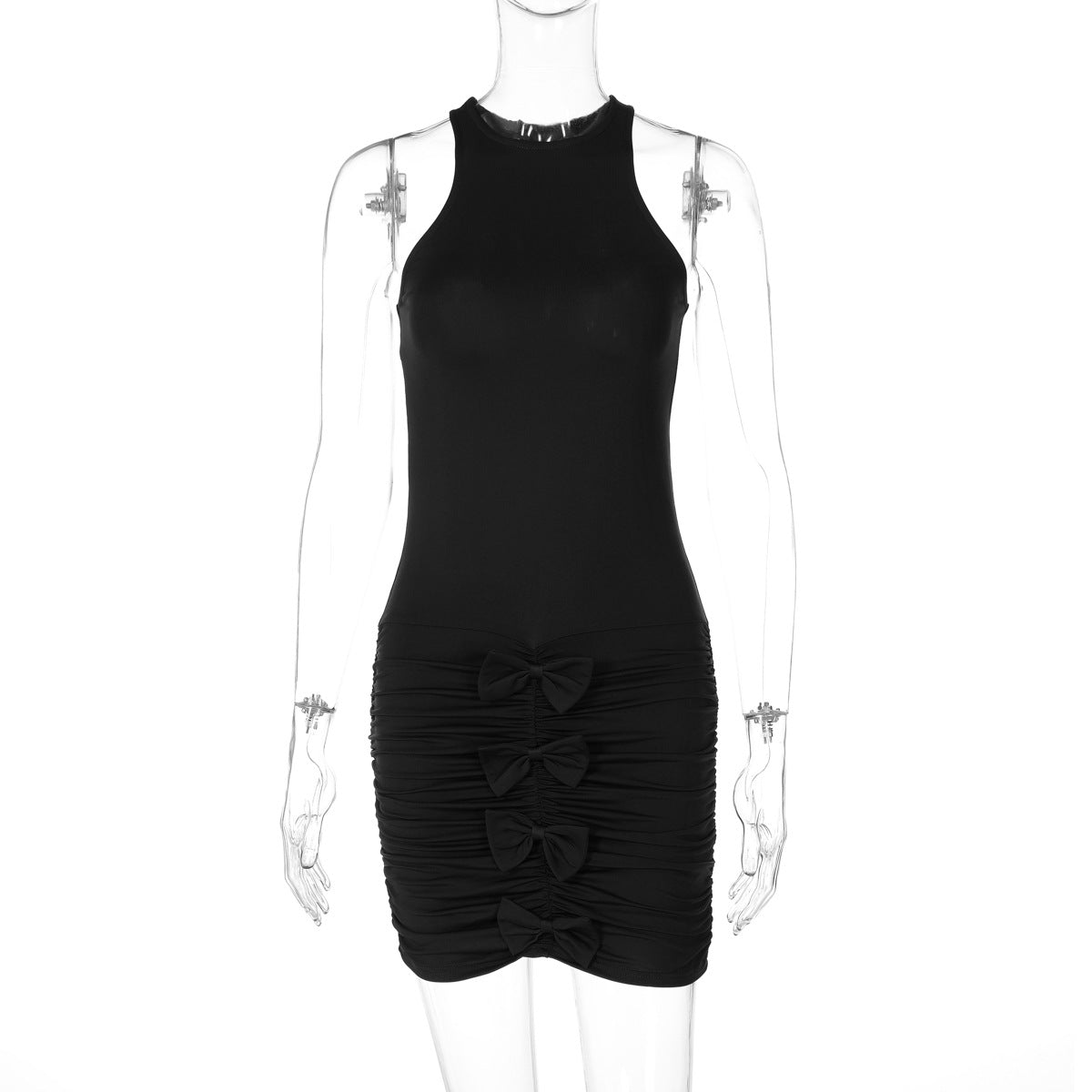High Neck Racerback Bodycon Mini Dress Triple Bow Ruched Skirt Two Piece Set