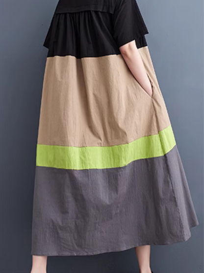 Round Neck Henley Button Contrast Panel Loose Midi Dress