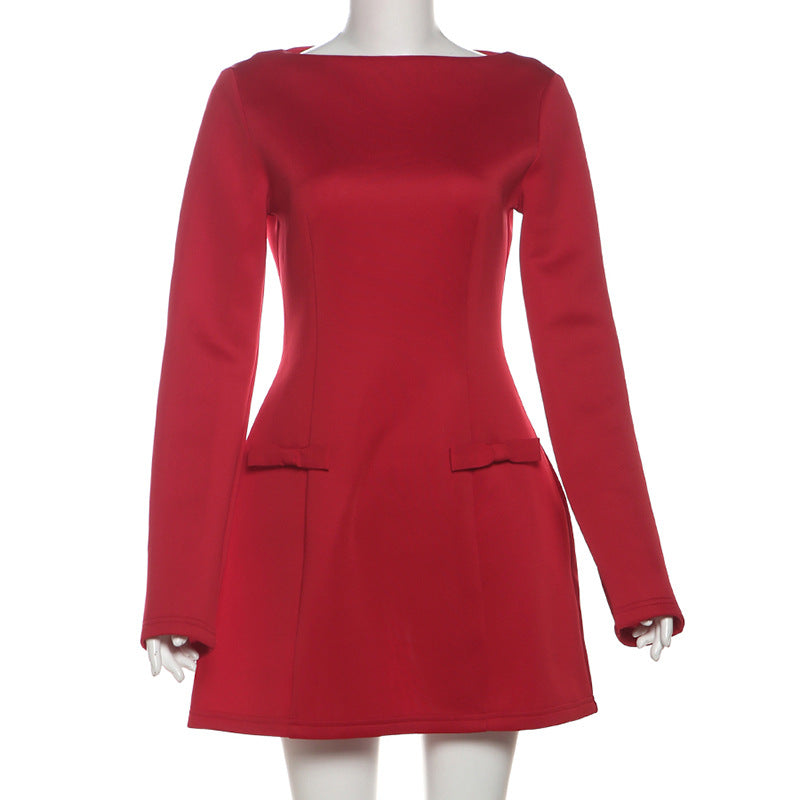 Long Sleeve Bow Pocket Structured A-Line Mini Dress