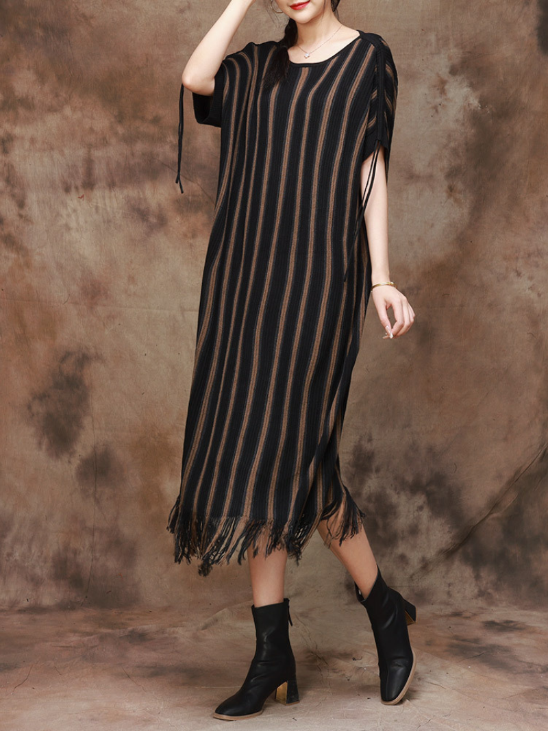 Round Neck Drop Shoulder Striped Fringe Hem Knit Maxi Dress