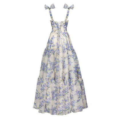 Strapless Sweetheart Corset Knotted Sleeve Tiered Floral Organza Maxi Gown