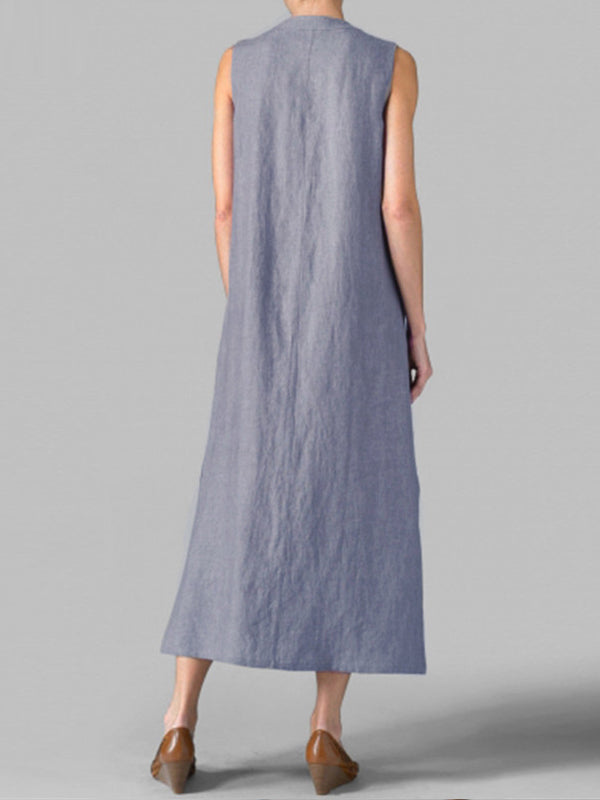 Sleeveless Notched Collar Button Front Linen Maxi Dress with Side Slits