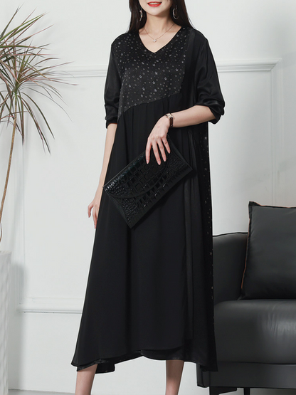 V Neck Three Quarter Sleeve Star Print Color Block Maxi Dress