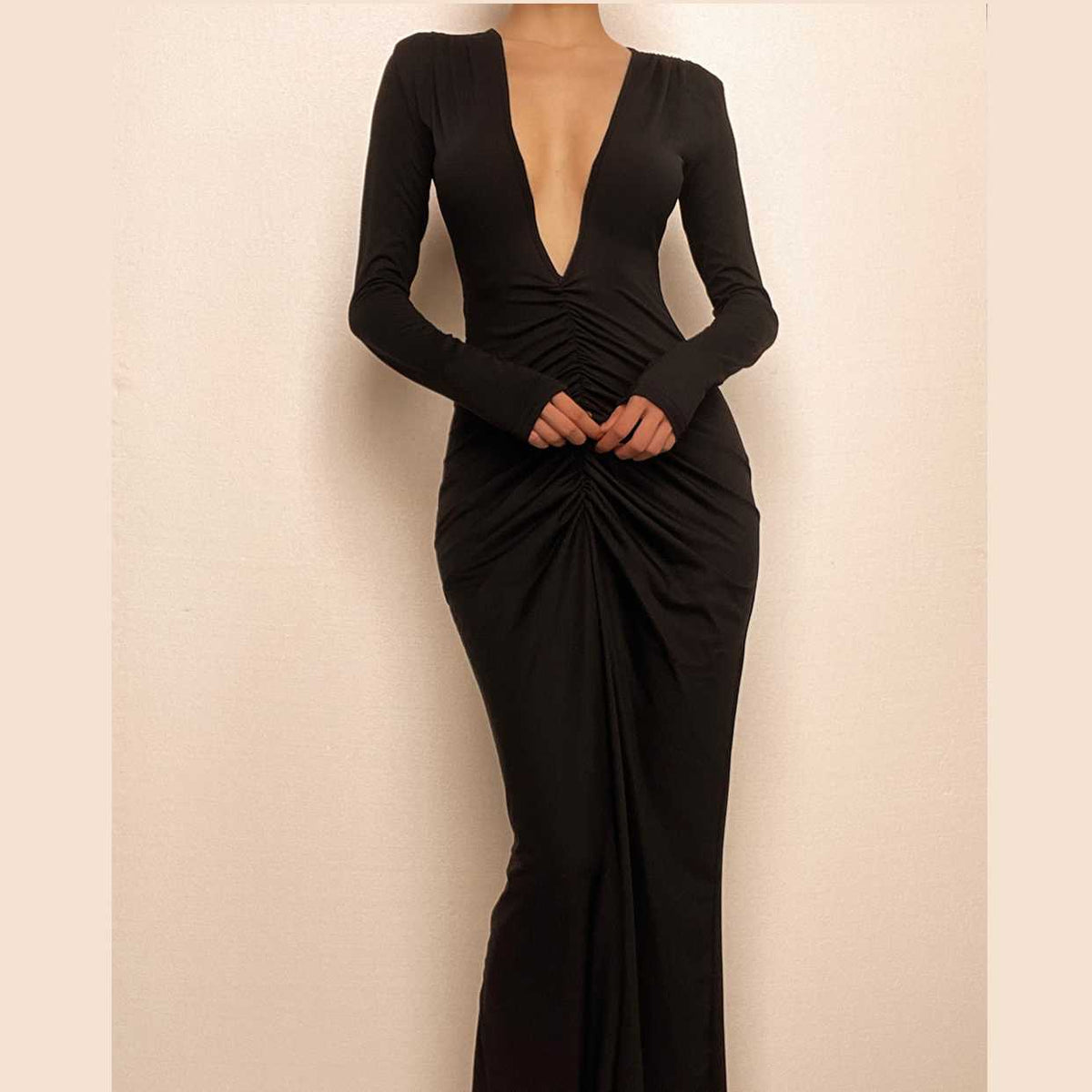 Deep V Long Sleeve Convertible Neckline Ruched Maxi Dress