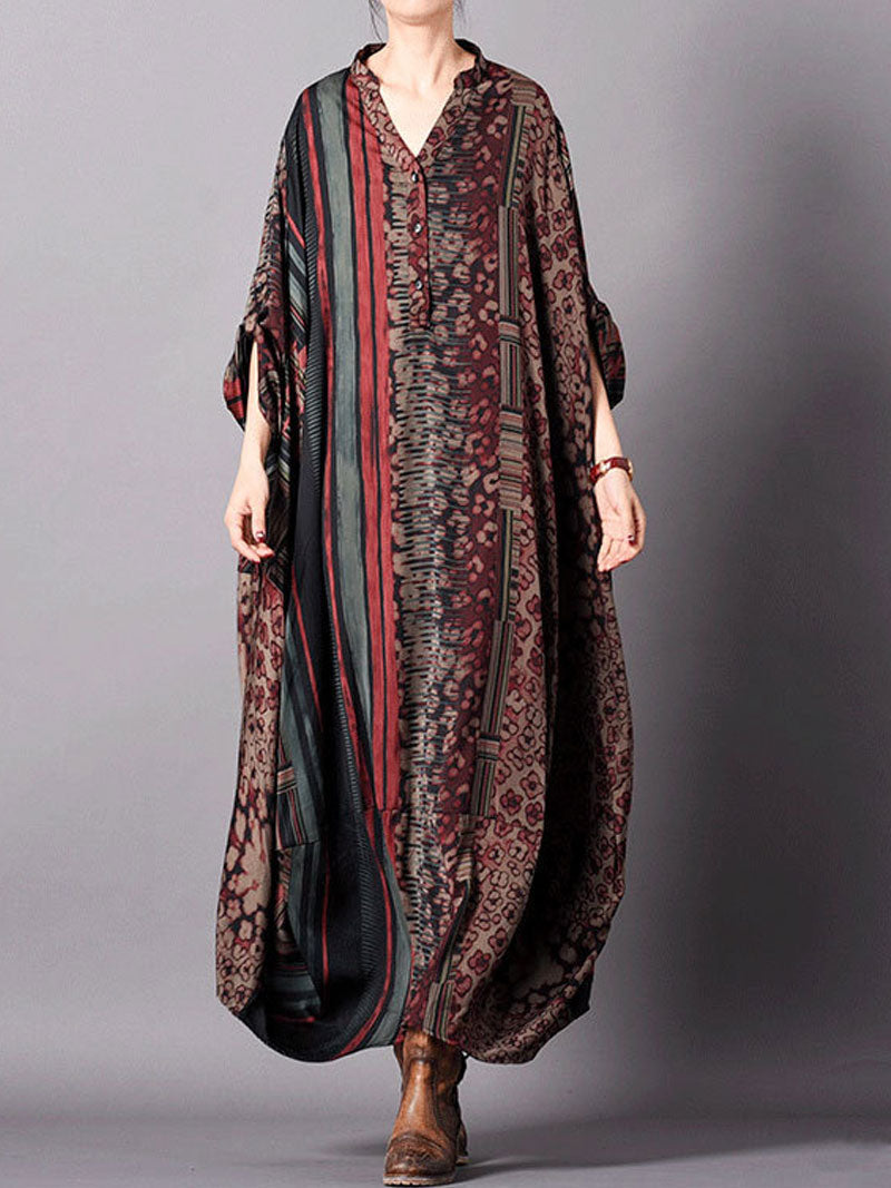 Mandarin Collar Button Front Mixed Print Patchwork Oversized Maxi Dress