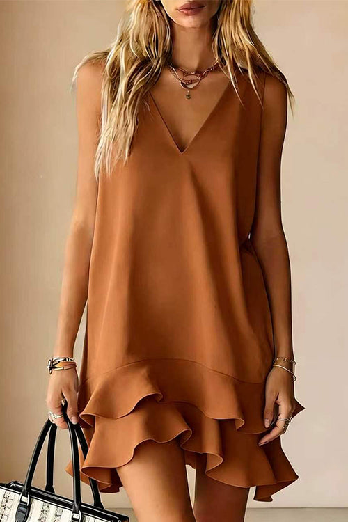 V Neck Sleeveless Ruffle Layered Mini Dress