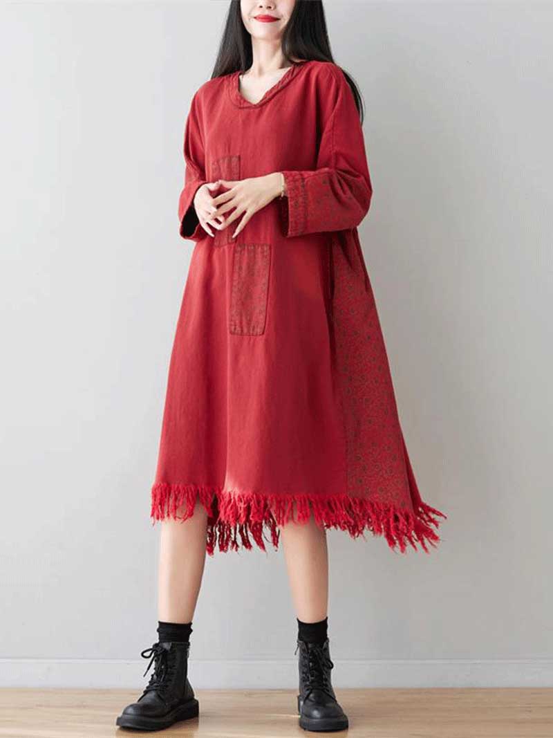 Square Neck Denim Patchwork Pocket Midi Dress