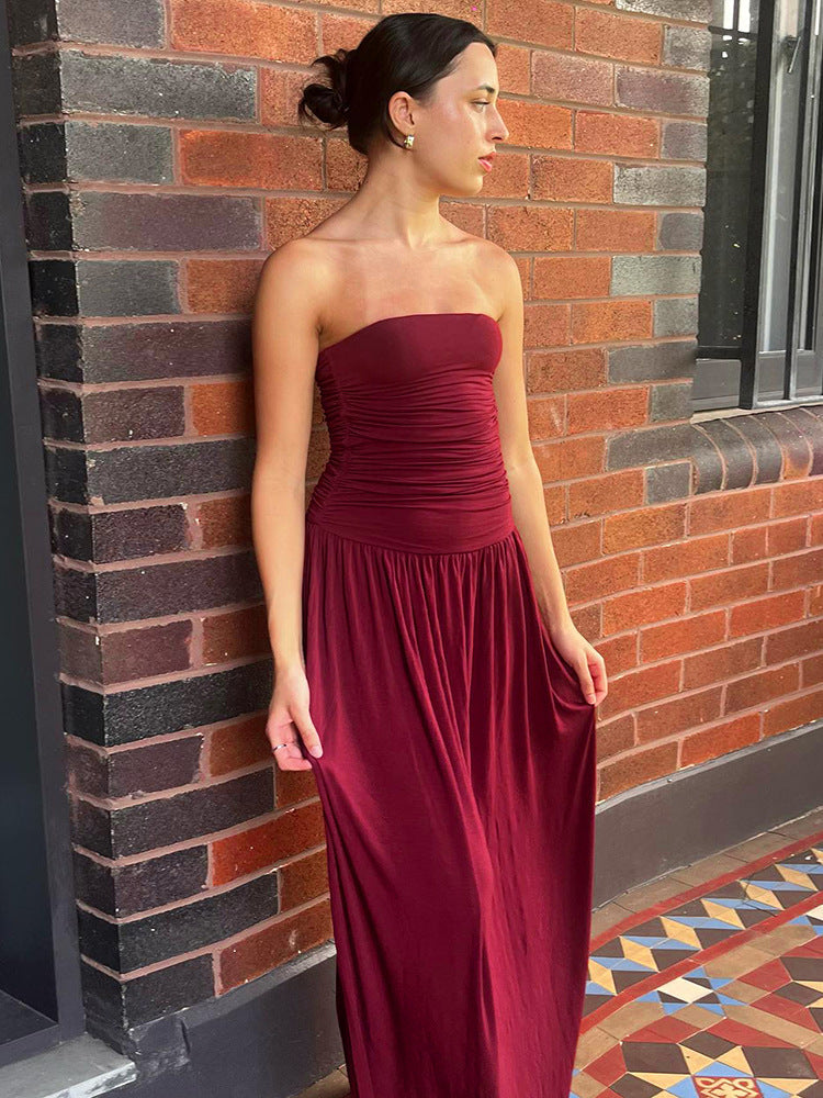 Strapless Ruched Bodice Flowy Gathered Skirt Floor Length Maxi Dress