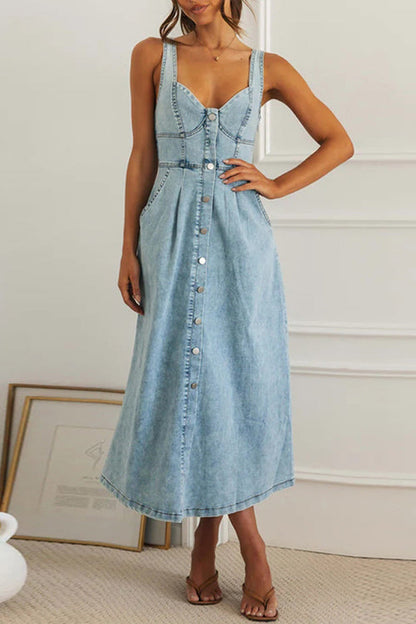 Sweetheart Neck Corset Button Front Pocket Pleated Denim Midi Dress