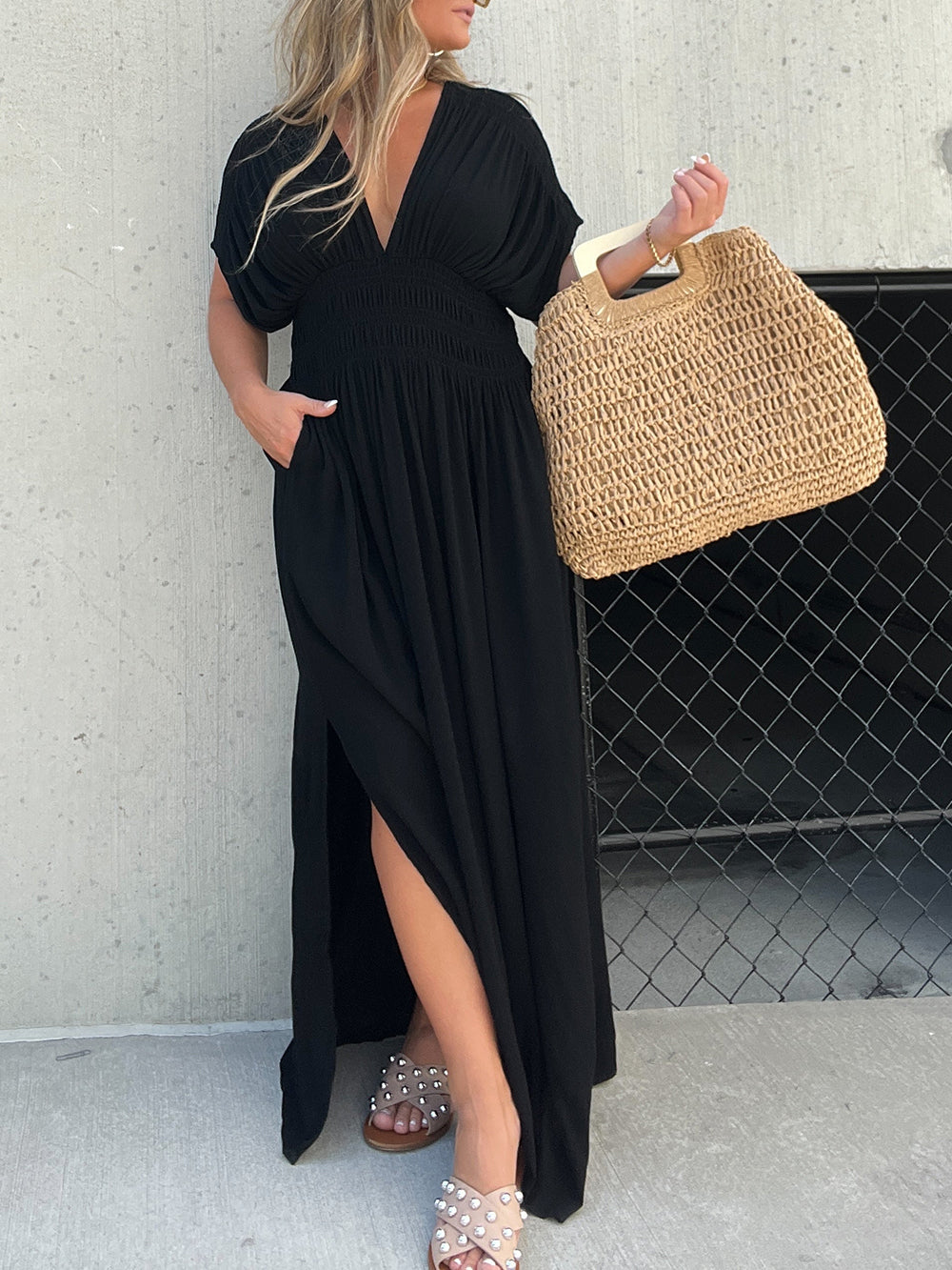 Deep V Smocked Waist Flutter Sleeve Wide Leg Jumpsuit
