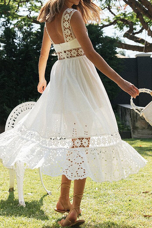 Square Neck Lace Panel Sleeveless Column Maxi Gown