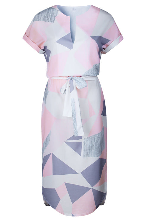V Neck Tie Waist Geometric Print Wrap Midi Dress