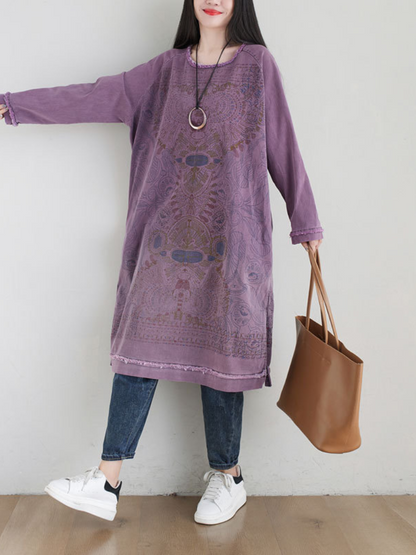 Round Neck Raw Edge Mandala Print Side Slit Oversized Tunic Dress