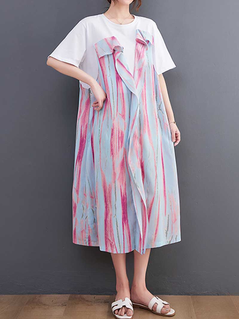 Sleeveless V Neck Abstract Brushstroke Print Layered Midi Dress