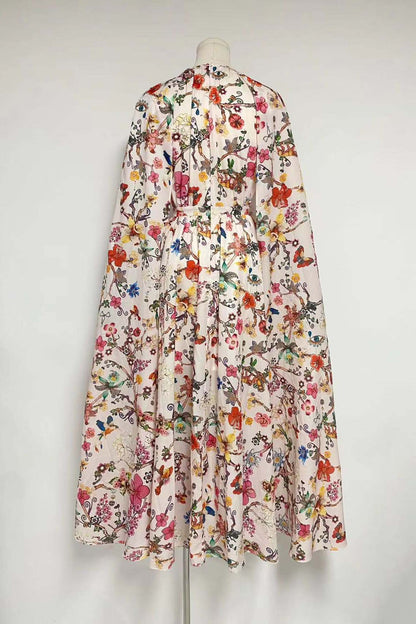Botanical Floral Print Mock Neck Cape Sleeve Maxi Dress