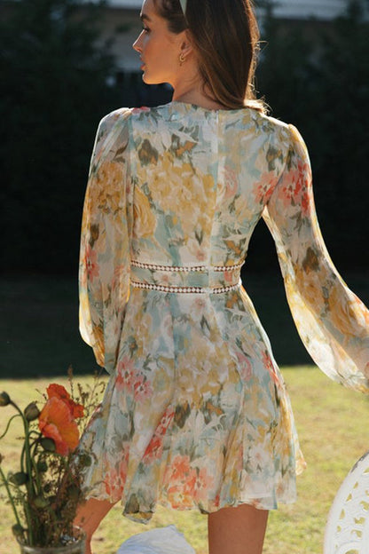 V Neck Lace Trim Balloon Sleeve Floral Print Mini Dress