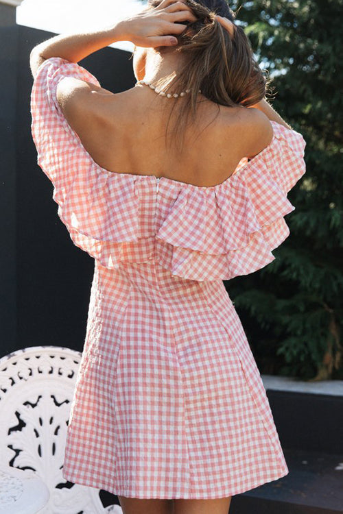 Off Shoulder Gingham Tiered Ruffle Mini Dress