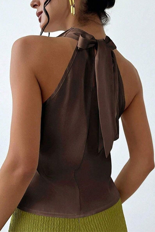 Cowl Neck Sleeveless Bow Back Satin Top
