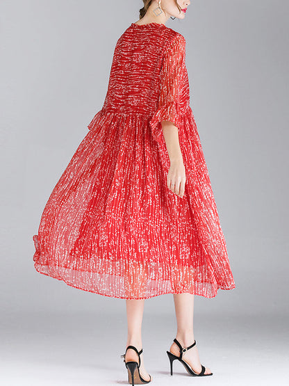 V-Neck Tiered Bell Cuff Empire Waist Pleated Dotted Midi Dress