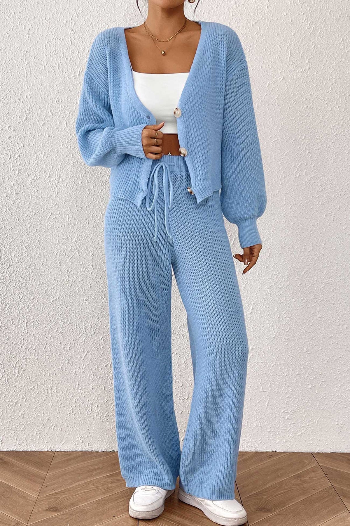Button-down Crop Cardigan Pants Set
