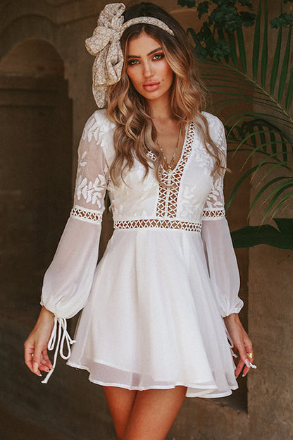Deep V Neck Long Bishop Sleeve Ladder Lace Embroidered Mini Dress