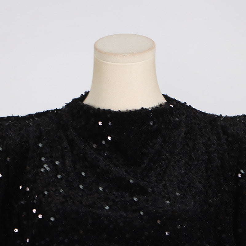 Structured Shoulder Crew Neck Sequin Mini Dress