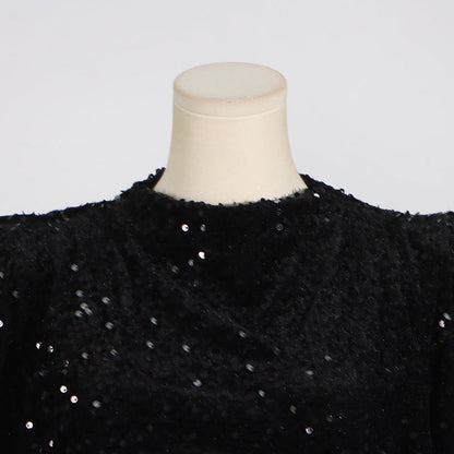 Structured Shoulder Crew Neck Sequin Mini Dress