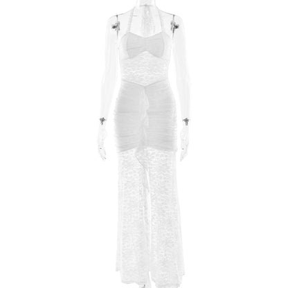 Halter Ruched Lace Insert Front Ruffle Panel Maxi Dress