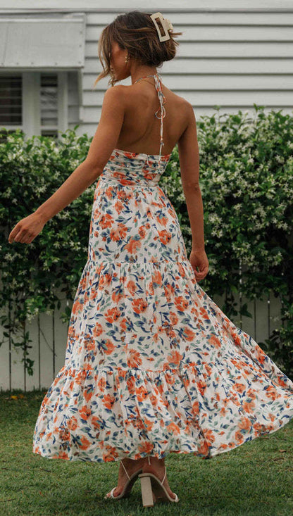 Halter Neck Plunging V Neck Ruched Tiered Floral Print Maxi Dress