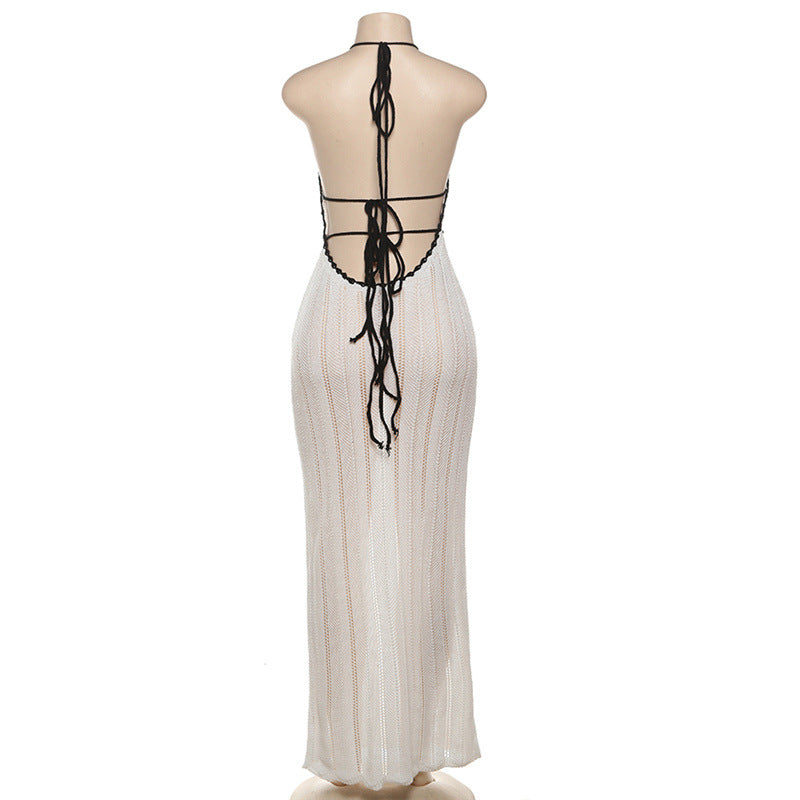 Halter Neck Crochet Lace Trim Contrast Band Maxi Dress
