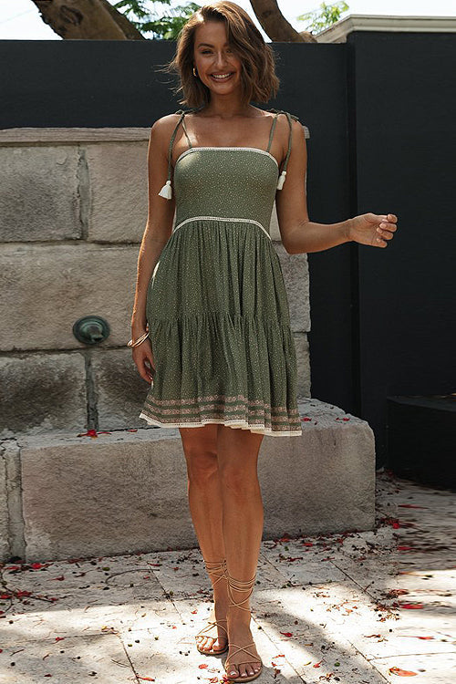 Square Neck Tie Strap Tassel Border Print Tiered Mini Dress