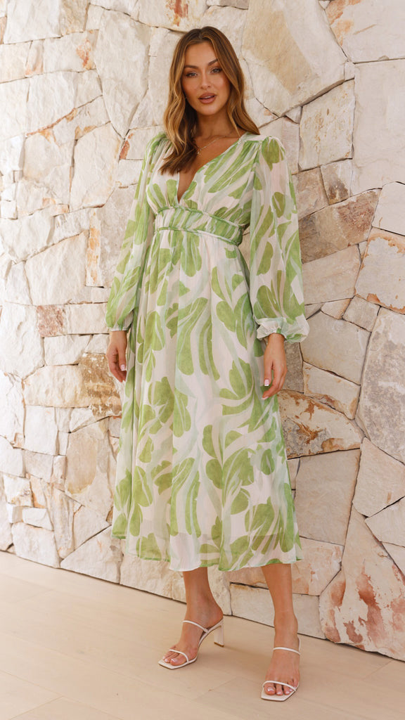 Deep V-Neck Long Bishop Sleeve Smocked Empire Waist Botanical Print Midi Dress
