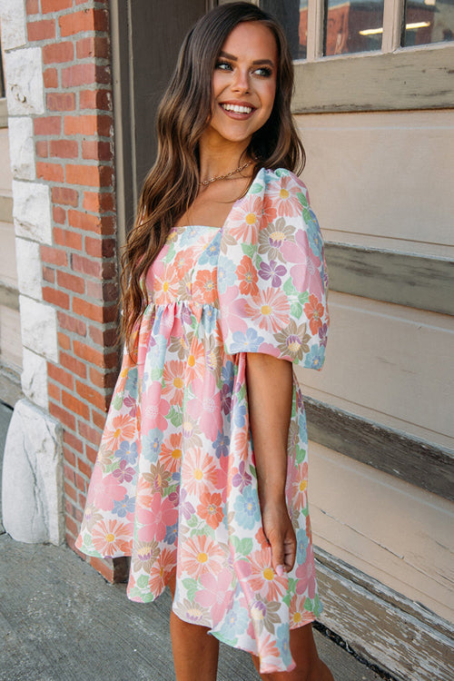 Square Neck Puff Sleeve Ditsy Floral Empire Babydoll Mini Dress