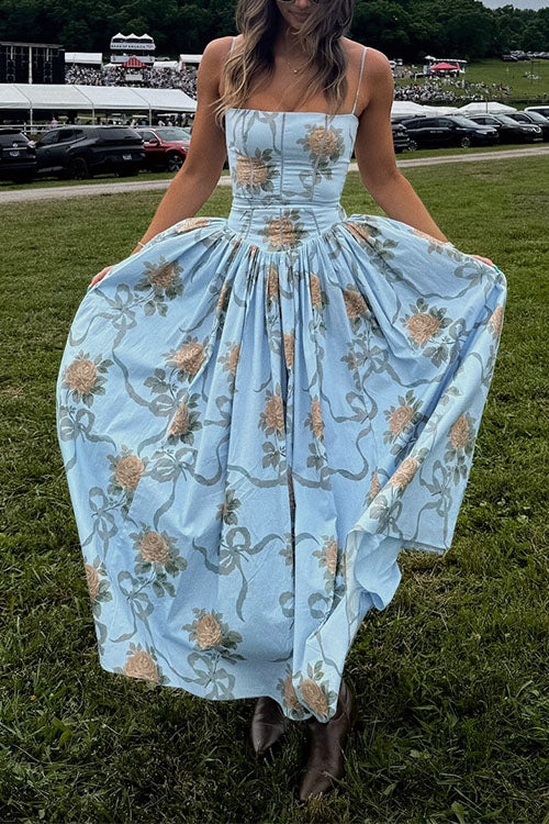 Spaghetti Strap Waisted Floral Print A-line Maxi Dress