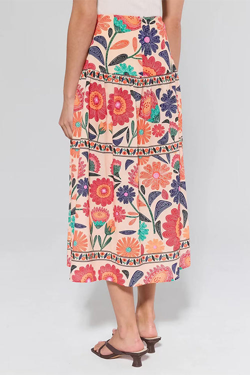High Rise Floral Print Midi Skirt