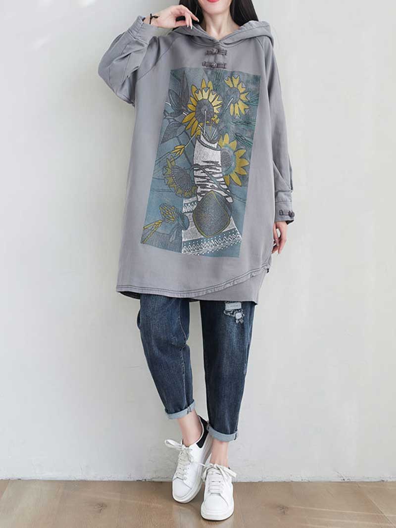 Frog Button Hood Sunflower Print Oversized Sweatshirt Dress