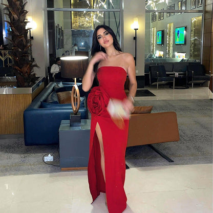 Strapless Sweetheart Rosette Applique High Slit Column Maxi Dress