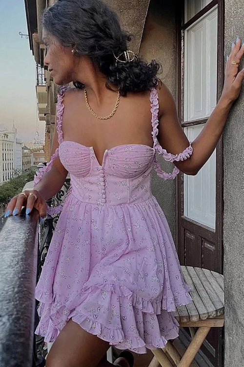 Ruffled Floral Print Mini Dress
