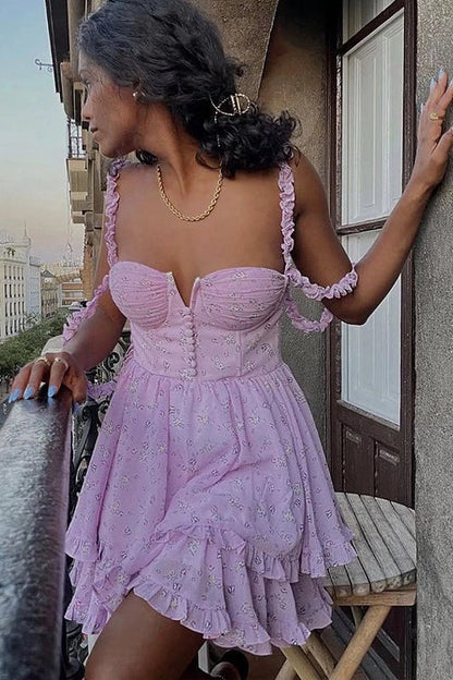 Ruffled Floral Print Mini Dress