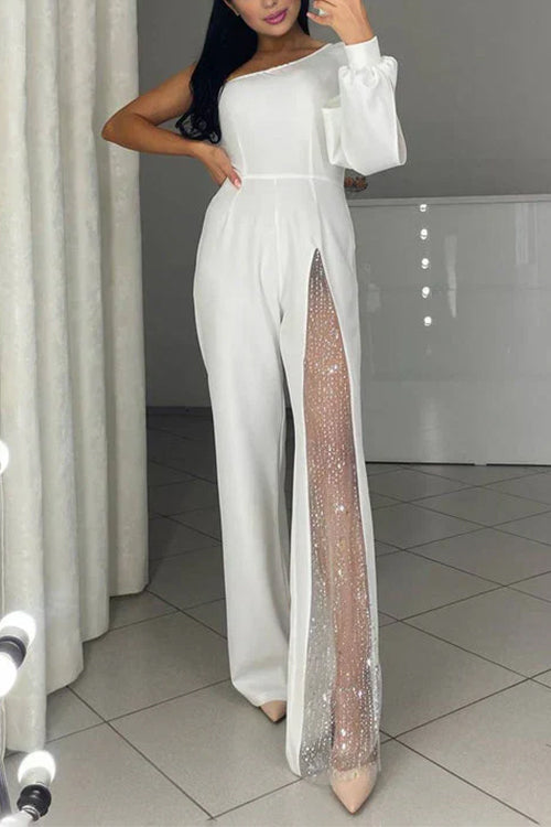 One Shoulder Long Sleeve Patchwork Wide Leg Jumpsuit