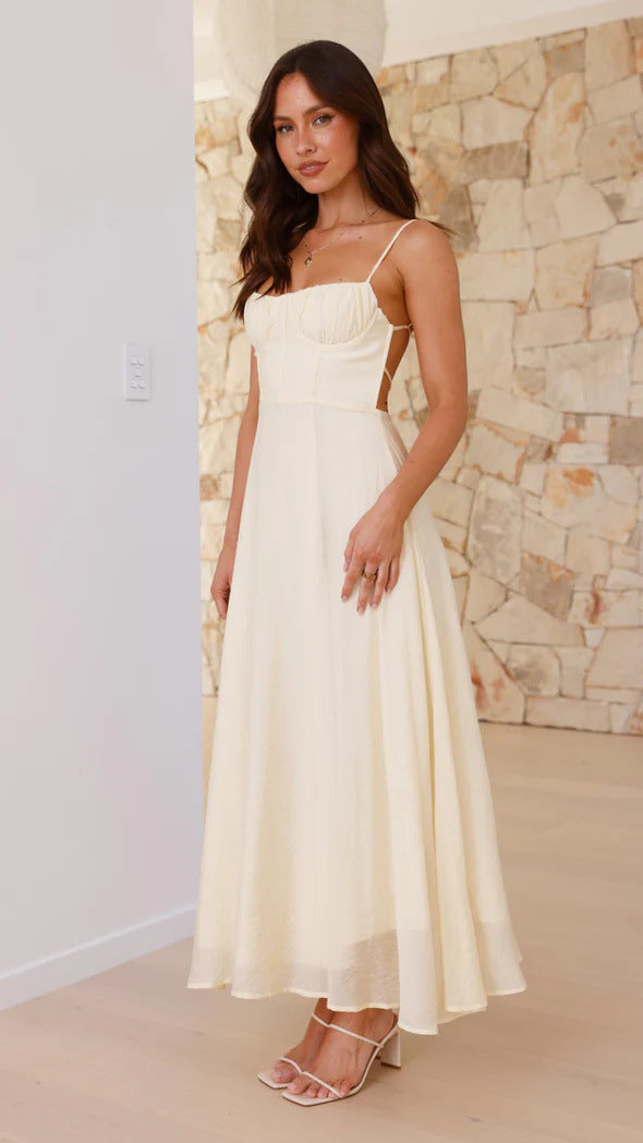 Spaghetti Strap Ruched Corset Bodice Tiered Maxi Dress