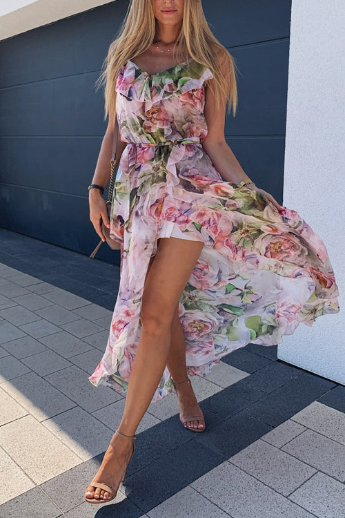Spaghetti Strap V-Neck Ruffle Trim Watercolor Floral Maxi Dress