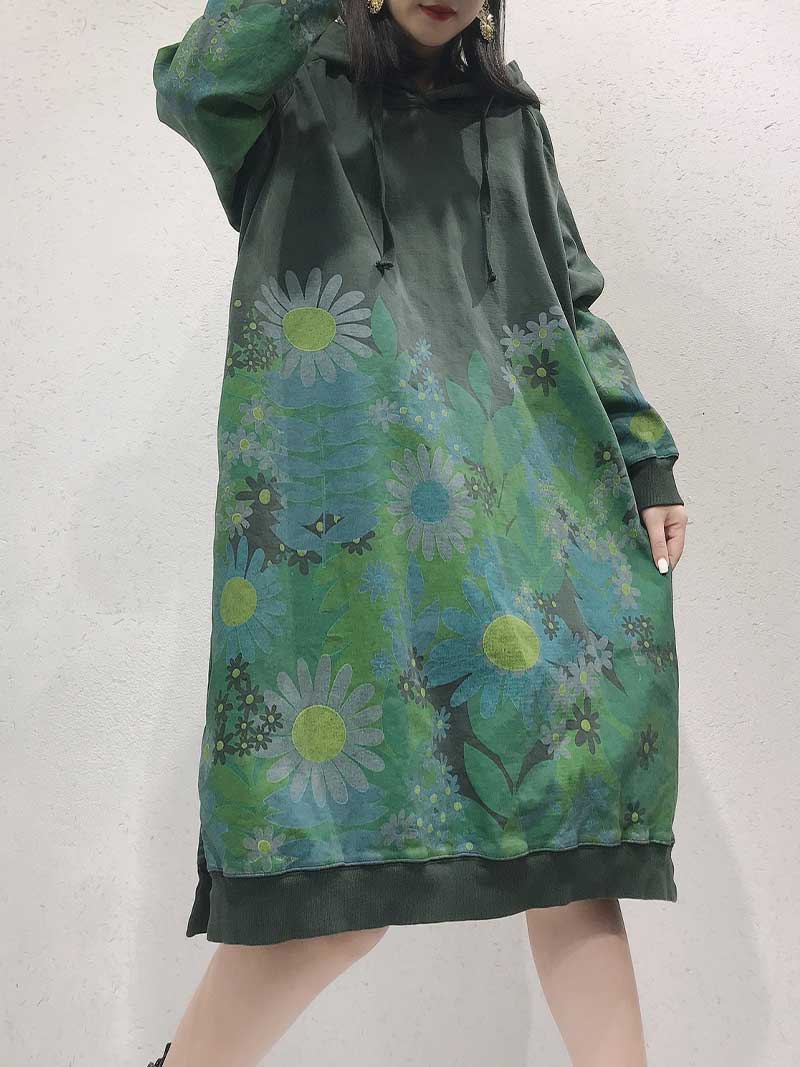 Hooded Long Sleeve Floral Print Knit Bodycon Midi Dress