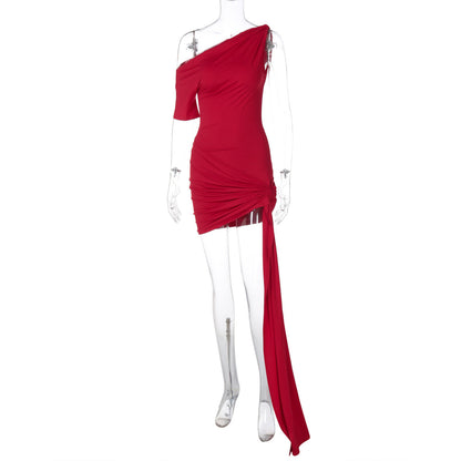 One Shoulder Ruched Mini Dress with Side Sash