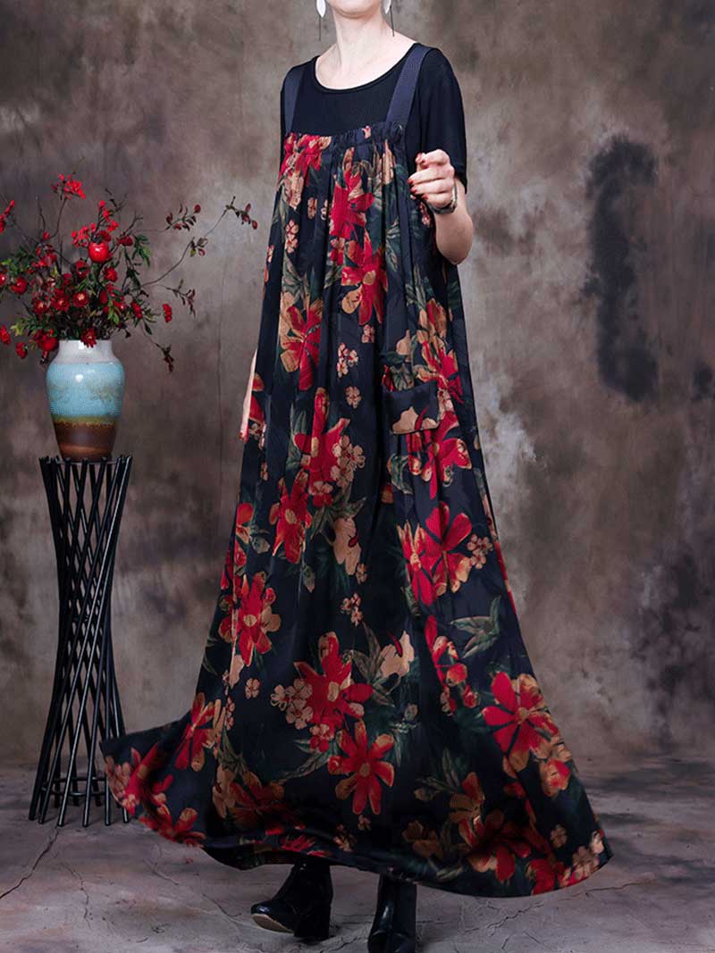Large Floral Print Sleeveless Wide Leg Overall Jumpsuit